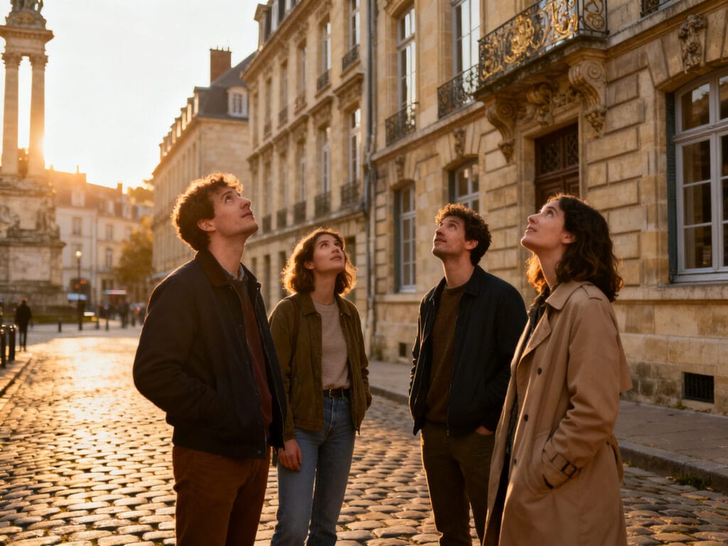 Group of friends looking at architectural details in Nantes, France