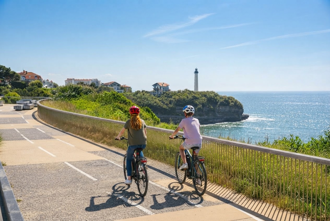 Deux cyclistes qui pédalent sur une route qui longe le littoral à Biarritz.